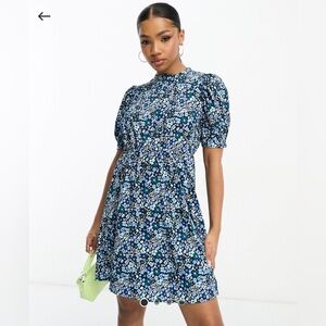 Pieces high neck tiered mini dress in blue ditsy floral SIZE S BRAND NEW